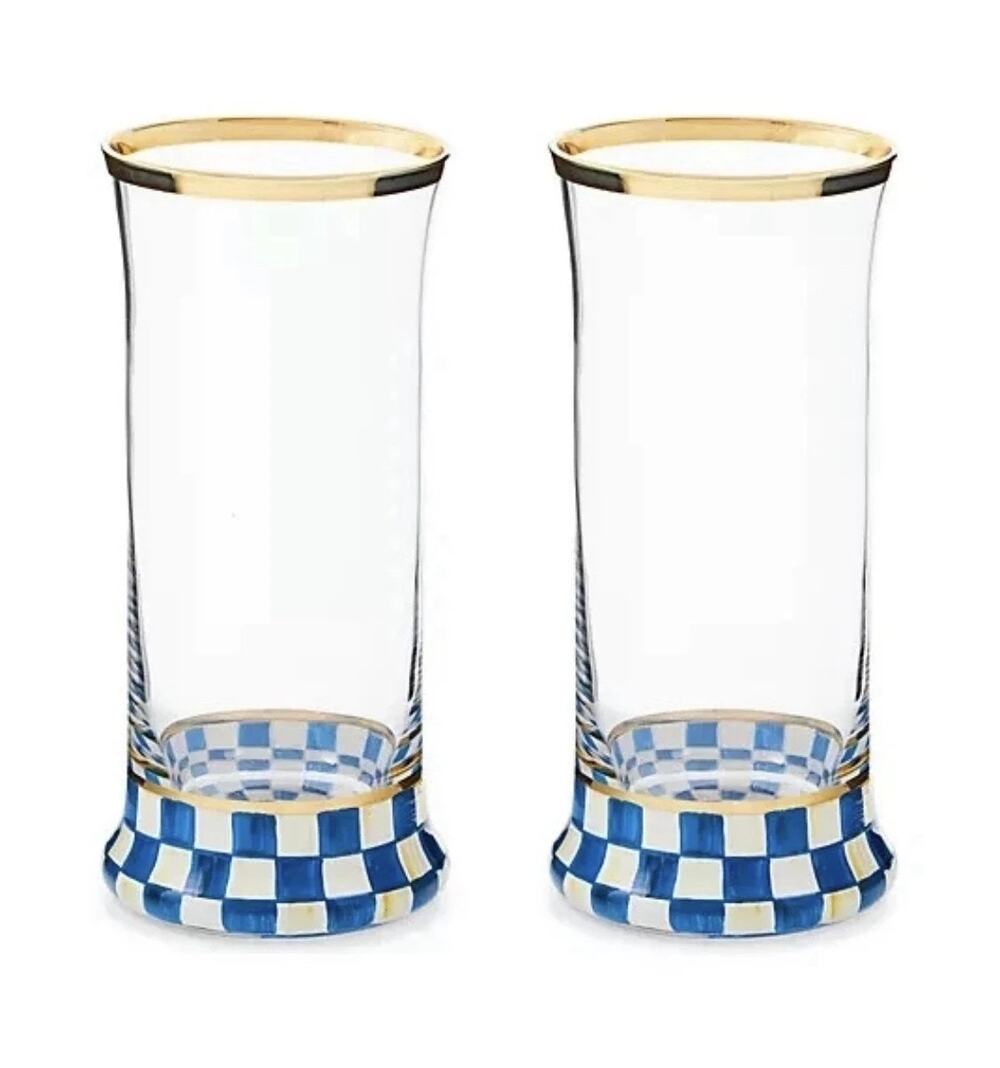 NEW Mackenzie-Childs Royal Check Highball Glass Set of 2 in Original Box